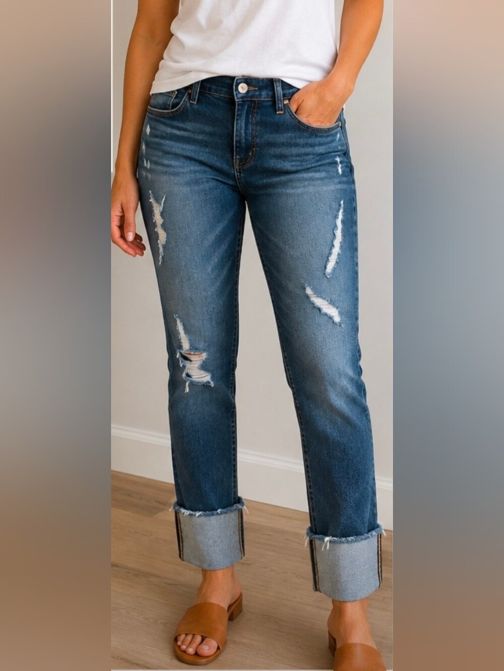 1822 Denim Taylor Distressed Cuffed Jeans Size 12 Medium Wash